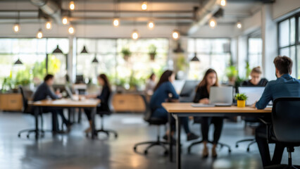 Blurred people silhouettes working together in a luminous workplace, startup modern office room with greenery and warm light