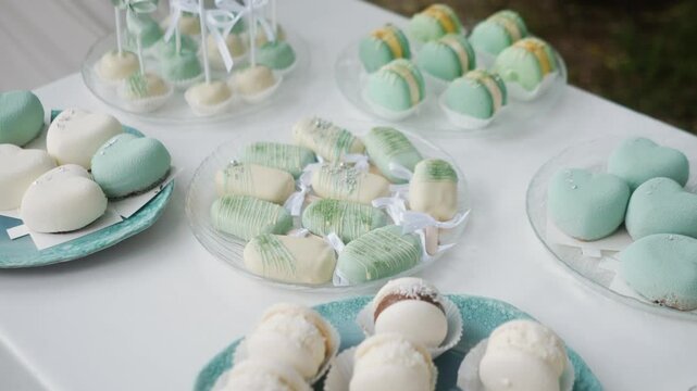 delicious white and blue cakes and sweet desserts macaroons lie on the buffet. Banquet table at the event and holiday. Confectionery sweets close-up
