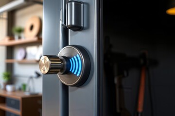 Smart lock access control. Close-up of a smart lock with a glowing blue wireless symbol on a door, indicating keyless entry and home security.
