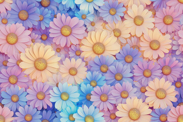Fototapeta premium Seamless pattern with pastel colorful flowers and golden glitter on a soft dreamy background