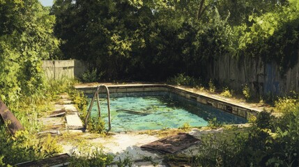 Overgrown Abandoned Swimming Pool in Summer Sunlight