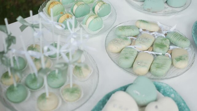 delicious white and blue cakes and sweet desserts macaroons lie on the buffet. Banquet table at the event and holiday. Confectionery sweets close-up