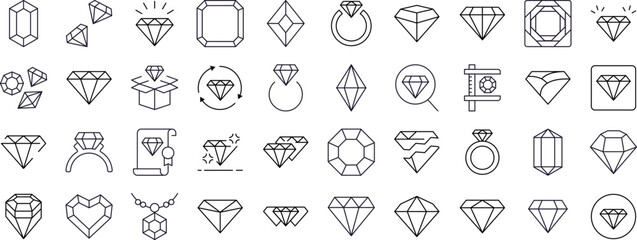 Jewelry Line Icon Bundle. Diamond and Gem Outline Signs for Graphic and Web Design, Apps, Adverts, Various Cards