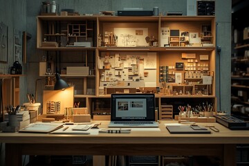 Architect's cozy, well-organized workspace with laptop, desk lamp, and shelves filled with design tools and models.