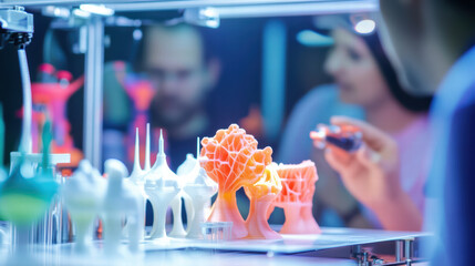 vibrant 3D printing community event showcasing people sharing innovative designs and colorful models. atmosphere is filled with creativity and collaboration