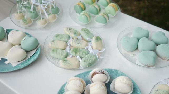 delicious white and blue cakes and sweet desserts macaroons lie on the buffet. Banquet table at the event and holiday. Confectionery sweets close-up
