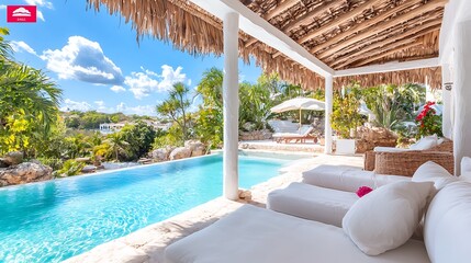 Fototapeta premium Tropical luxury villa with private pool, patio furniture, and stunning ocean view.