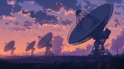 Obraz premium Silhouettes of four large radio telescope dishes against the backdrop of an evening sky with clouds, with one dish in focus and three more blurred behind it generative ai. Twilit. Illustration