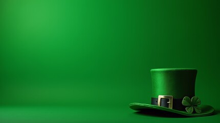 Green leprechaun hat with gold buckle and clover detail on a green background. St. Patrick's Day holiday theme with copy space