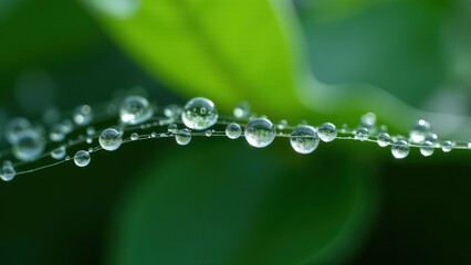 Dew Drops Glimmering on a Spider Web with Green Background

