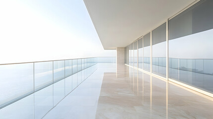 Obraz premium Minimalist balcony with frameless glass railings and smooth concrete flooring, set against an urban skyline