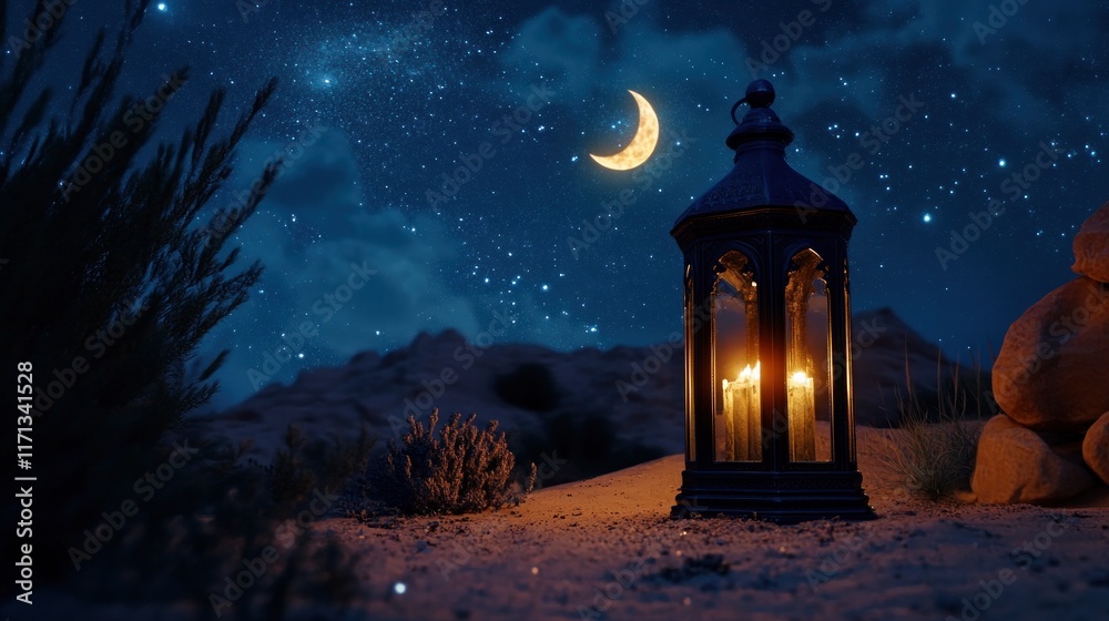 Poster a lantern illuminates a serene desert scene under a starry night sky with a crescent moon.