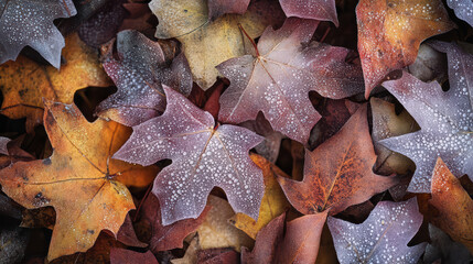 Close up of dew kissed leaves in vibrant autumn colors, showcasing rich textures and natural beauty. leaves display mix of orange, red, and brown hues, creating warm, inviting atmosphere