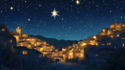 Naklejka premium Star shining over bethlehem village at night during christmas. Twilit. Illustration
