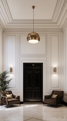 Fototapeta premium Elegant Luxury Entryway with Black Door, Marble Flooring, and Gold Accents