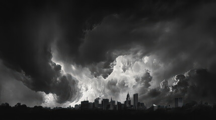 Dark clouds swirling ominously above city skyline create dramatic atmosphere. contrast between dark sky and urban landscape evokes sense of impending weather