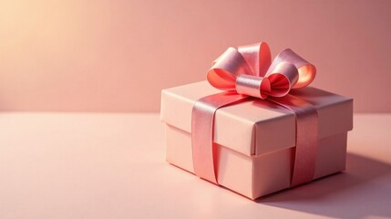 A delicately wrapped pink gift box with a satin ribbon bow, presented on a soft pink surface