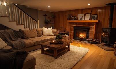 Cozy basement living room with fireplace, wood stove, and comfy seating.