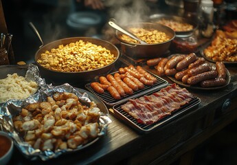 Obraz premium Abundant Spread of Delicious Breakfast Foods Including Sausages, Bacon, Eggs, and Cheesy Potatoes on a Rustic Tabletop With Steaming Dishes and Warm Atmosphere