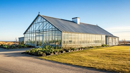 A large greenhouse with glass walls, surrounded by a landscaped area.
