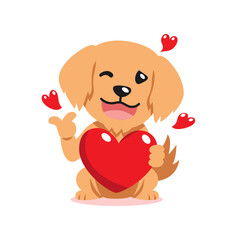 Vector cartoon valentine cute golden retriever dog holding a big red heart for design.