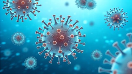 Close-up view of airborne virus particles in blue background