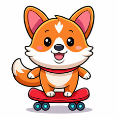 Cartoon Corgi Skateboarding with a Happy Expression – Cute and Playful Dog Illustration