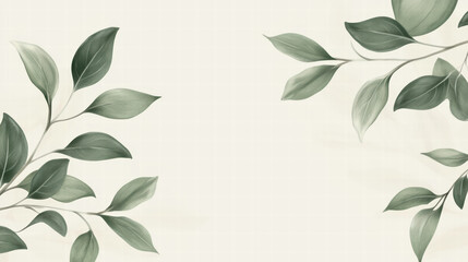 Gentle green leaves frame soft, neutral background, creating serene atmosphere perfect for text. Ideal for nature themed designs or calming presentations