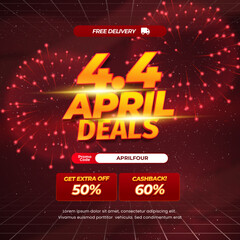 4.4 April day Sale discount deals Editable text with dark red galaxy gradient simple promotional square banner