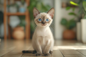 Cute, blue-eyed kitten sits indoors.