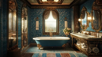 Obraz premium Luxurious blue bathroom with clawfoot tub, ornate details, and large window.