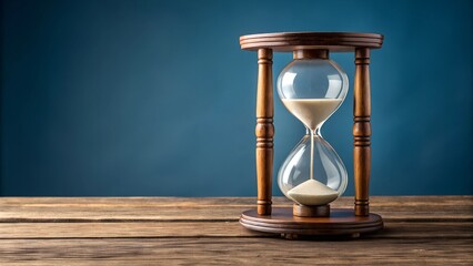 Wooden hourglass with flowing sand on rustic table surface