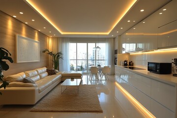 Sleek white wood kitchen cabinet with glass doors, drawers, high-quality countertop, microwave, and dining table with chairs in modern kitchen.