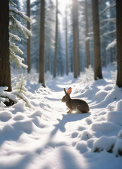 Nature winter scene featuring a snowy forest with tall evergreen trees, sunlight filtering through the branches casting shadows on the ground, a small animal like a rabbit in the foreground
