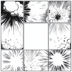 Comic book template, white background with black comic frame and copy space in the middle of each panel, explosion, cloud, sun ray vector graphics.