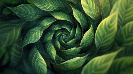 Obraz premium Lush green leaves form mesmerizing spiral pattern, creating inviting space for text. vibrant foliage showcases nature beauty and intricate design