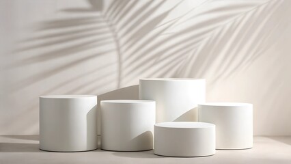 Display of white cylindrical pedestals casting shadows from palm leaves in a minimalist setting during afternoon light