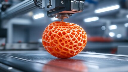 Innovative 3D Printer Creating Vibrant Orange Abstract Object