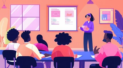 Business professional giving a presentation to a diverse team in a conference room. 