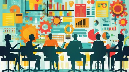 Business team working collaboratively on a presentation in a conference room.