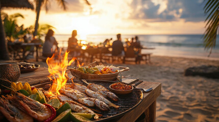 Fresh Fish Barbecue on Tropical Bali Beach at Sunset with Vibrant Atmosphere