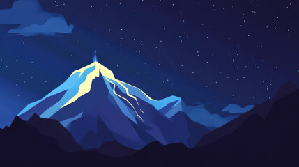 Majestic mountain peak illuminated by lightning during thunderstorm, surrounded by starry night sky. dramatic scene evokes sense of awe and wonder