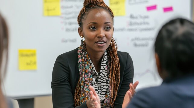 A business consultant advising a small group of entrepreneurs, with a whiteboard in the background.