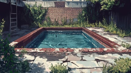Overgrown Backyard Swimming Pool Shows Signs Of Neglect