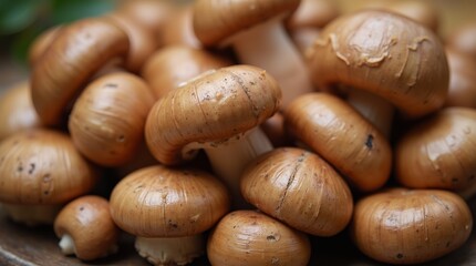Pile of fresh brown mushrooms with smooth caps and earthy texture, captured in a close-up view