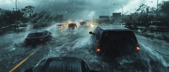 Cars on flooded road during heavy rain storm.