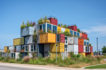 Naklejka premium Colorful container housing with vibrant greenery and innovative layout