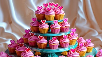  Pink Frosted Cupcakes with Heart Toppers, Elegant Display on Satin Background