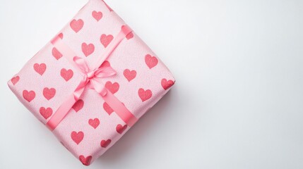 Valentine's Day concept. Top view photo of giftbox in wrapping paper with heart pattern on isolated white background with copyspace