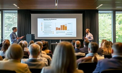 Business analysts present data, conference room, audience, presentation